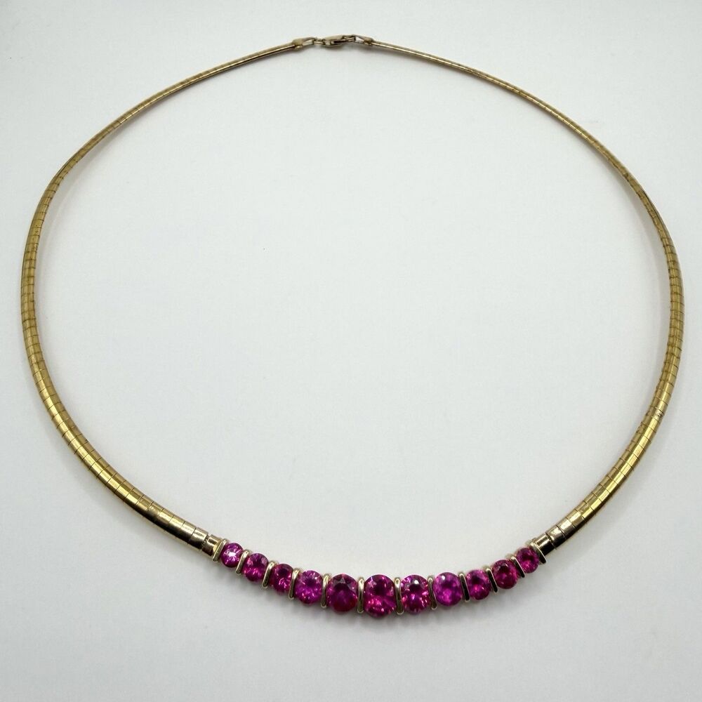 925 Sterling Silver Gold Tone Ruby Red Stone Omega Collar Necklace Vintage